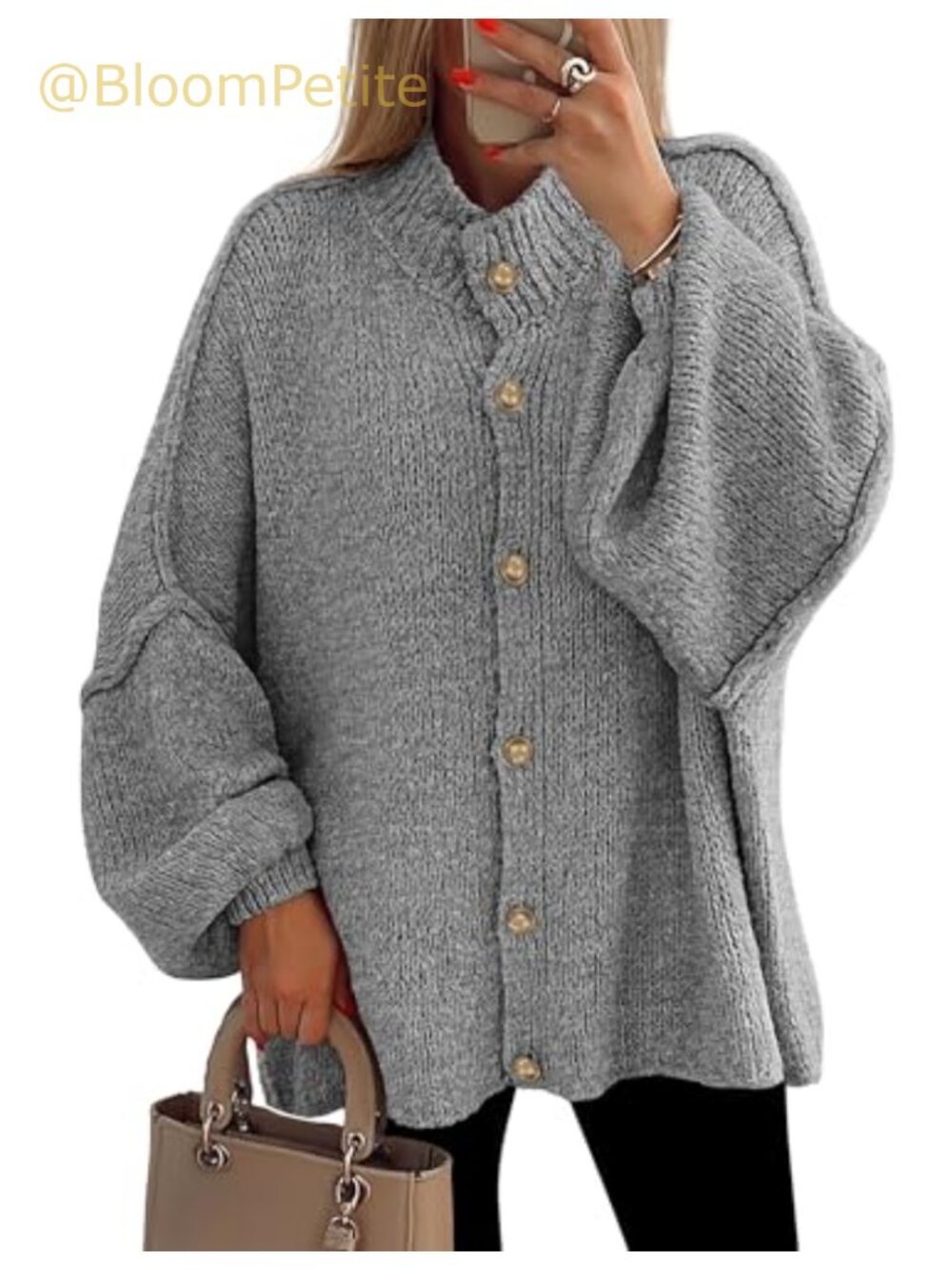 Oversized Chunky Knit Cardigan Sweater Mock Neck Lantern Sleeve